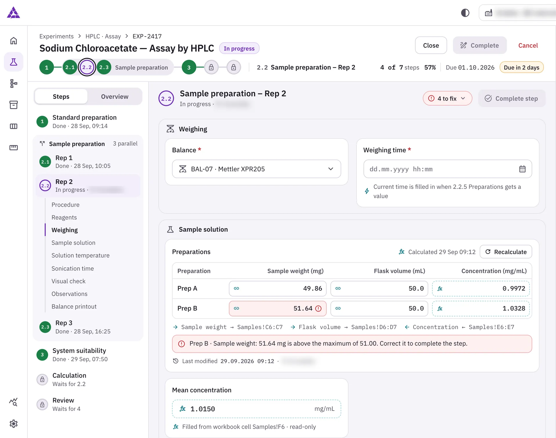 Experiment execution screen with the step list, a sample-preparation step, linked workbook cells and an out-of-range error