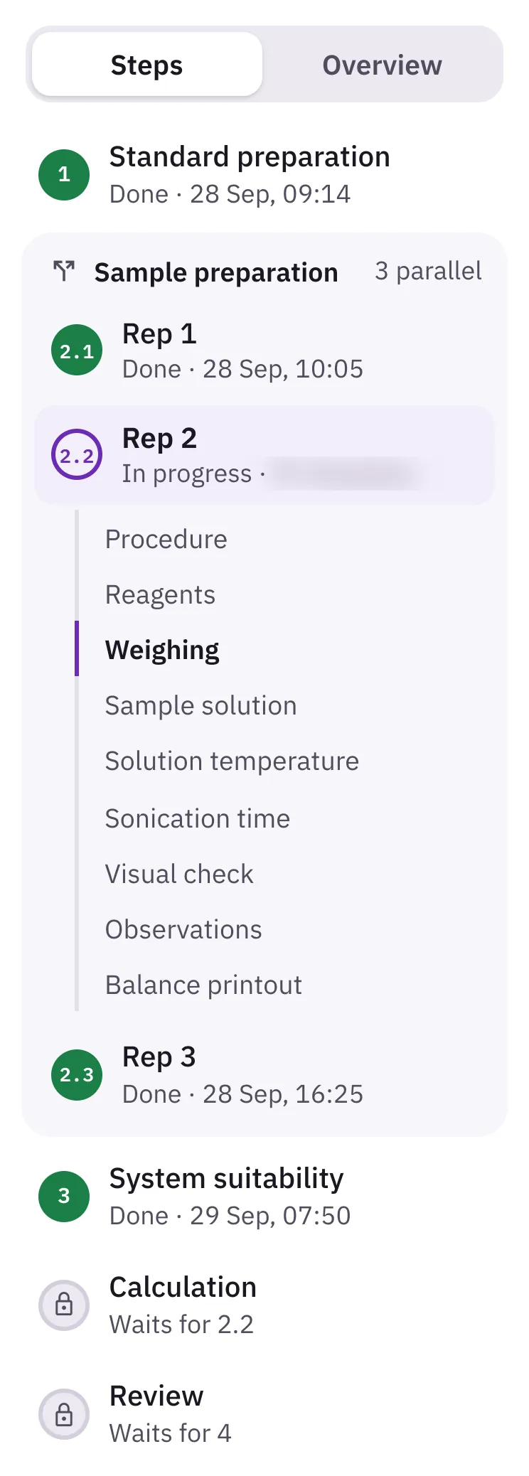 Experiment step list with three parallel sample preparations, one in progress, and two locked steps