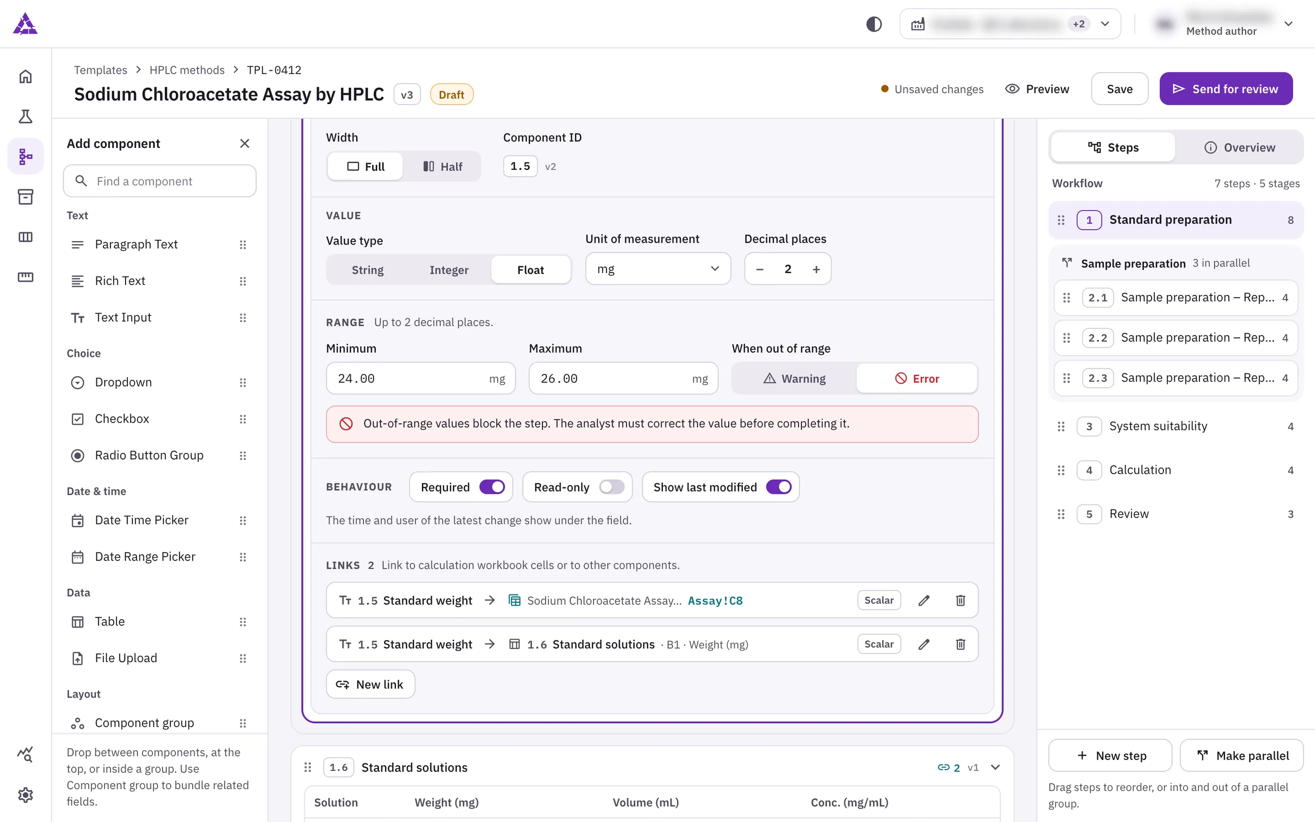 Template builder with a component palette, a standard-weight field's range and workbook links, and the method's workflow steps